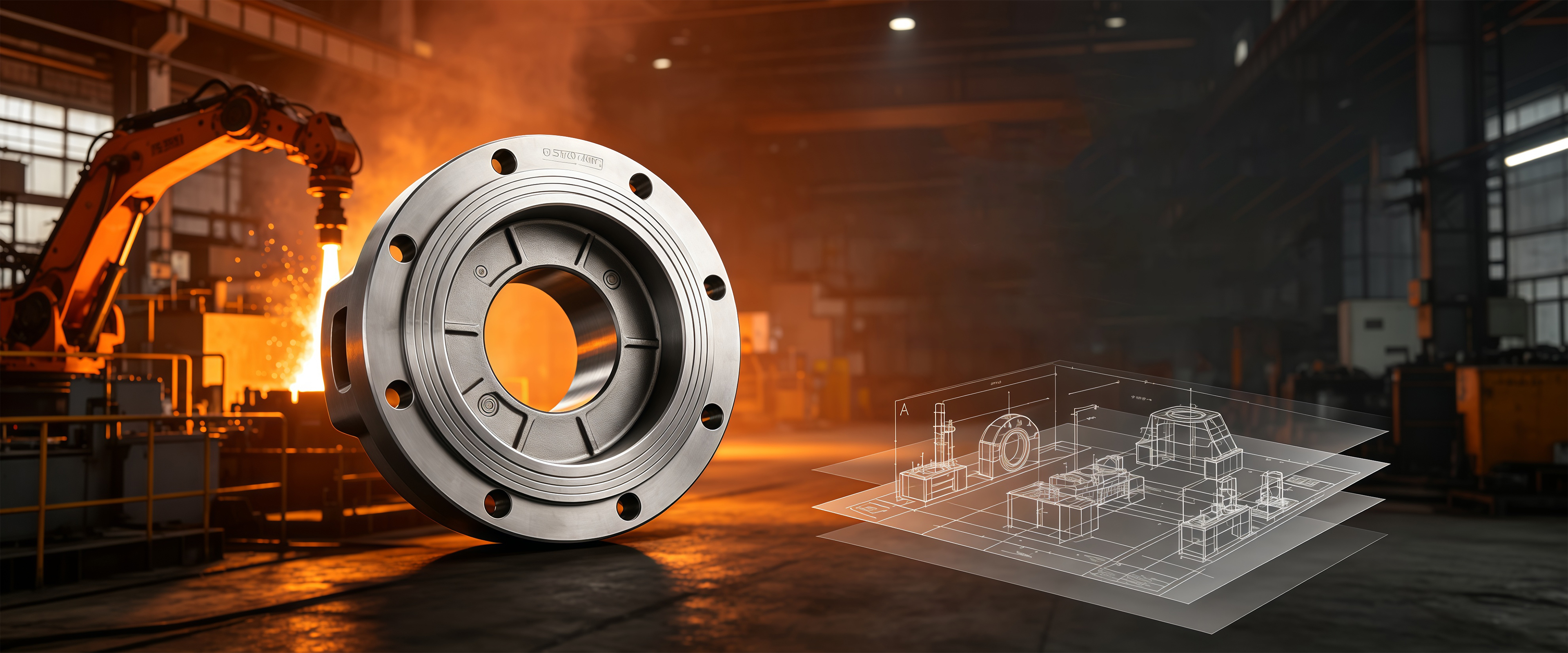 Precision casting production scene with a finished machined component