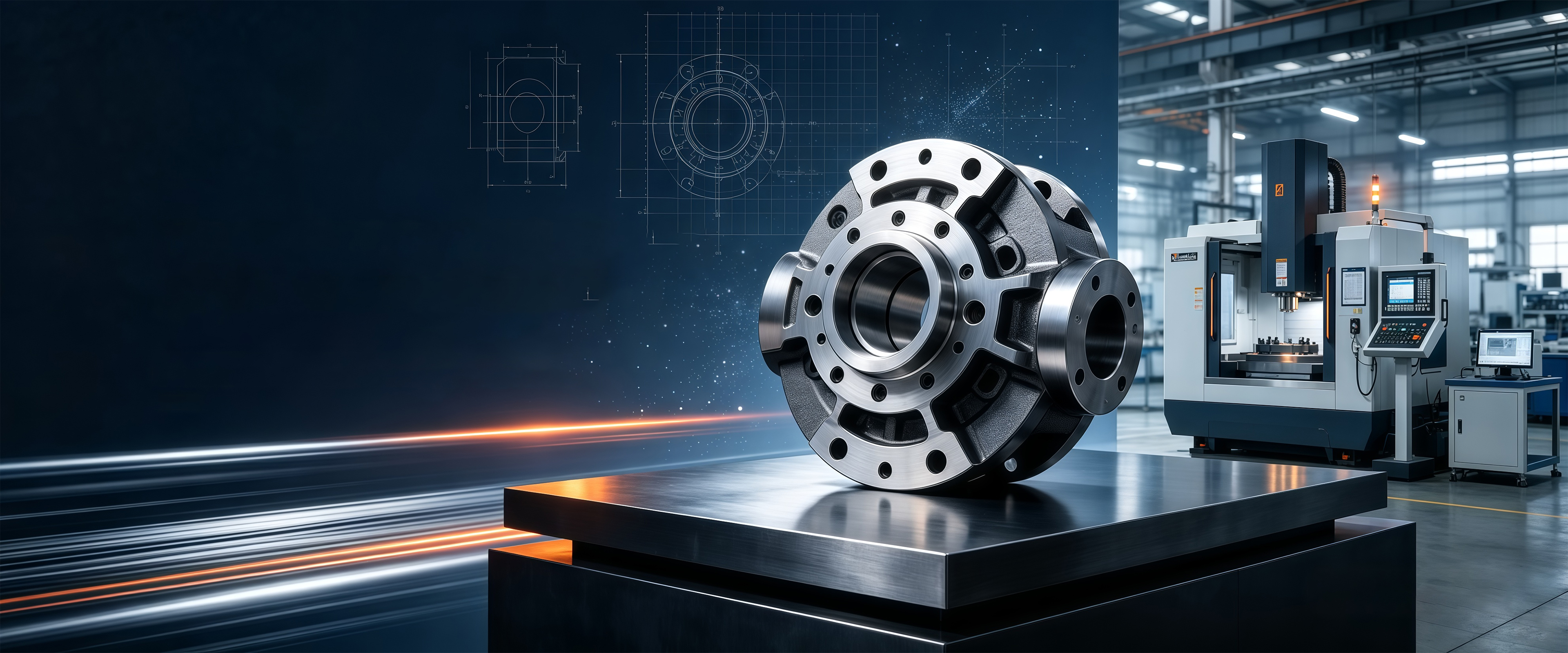 Machined casting component shown beside precision machining equipment